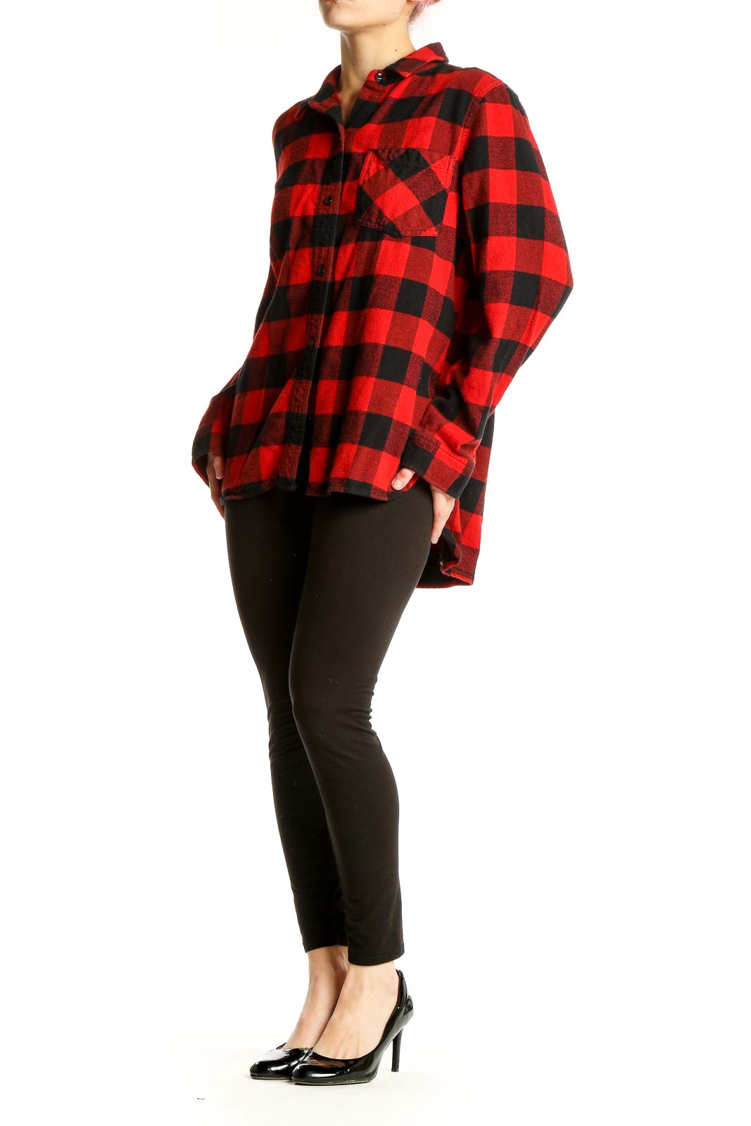Front view of Madewell red and black buffalo check flannel shirt