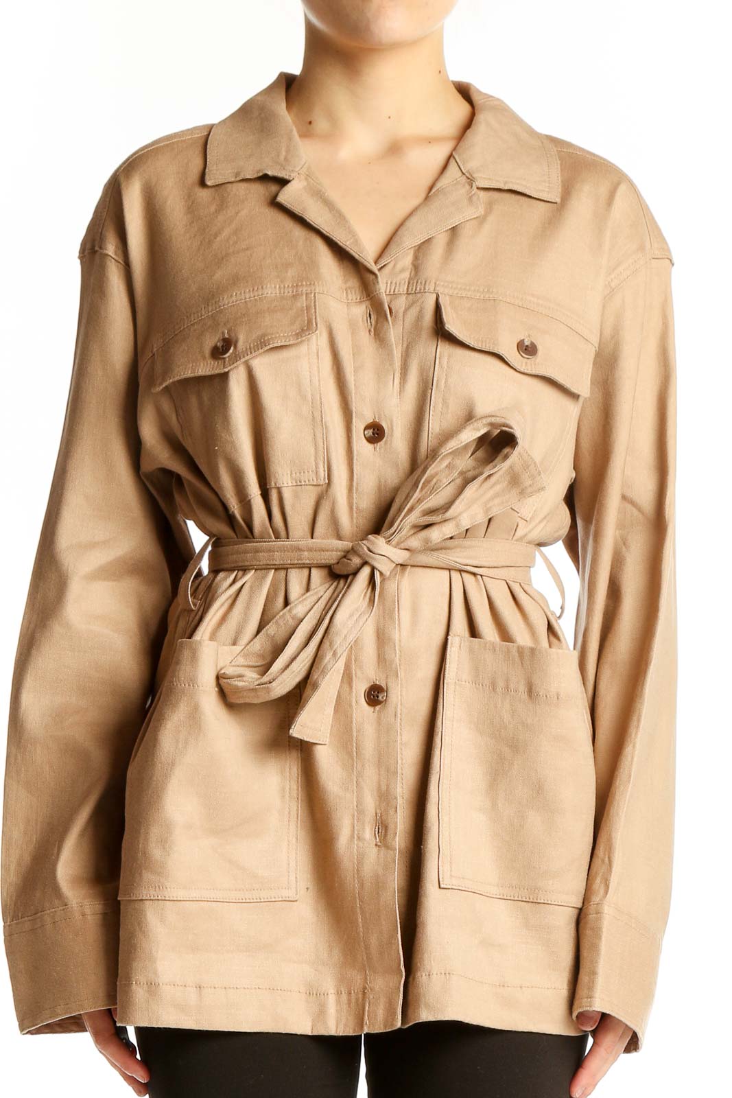 Halston Beige Belted Safari Jacket Linen Blend Excellent