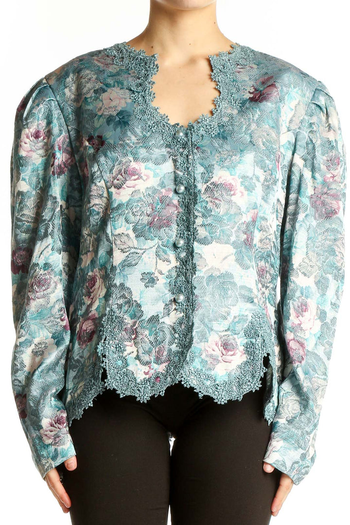 Front view of teal floral lace-trimmed jacket by Nah Nah Collections