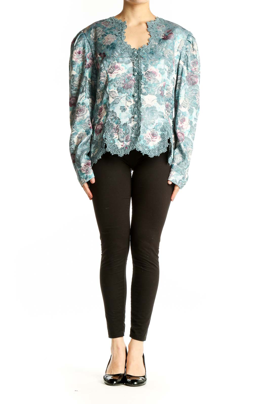 Front view of teal floral lace-trimmed jacket by Nah Nah Collections