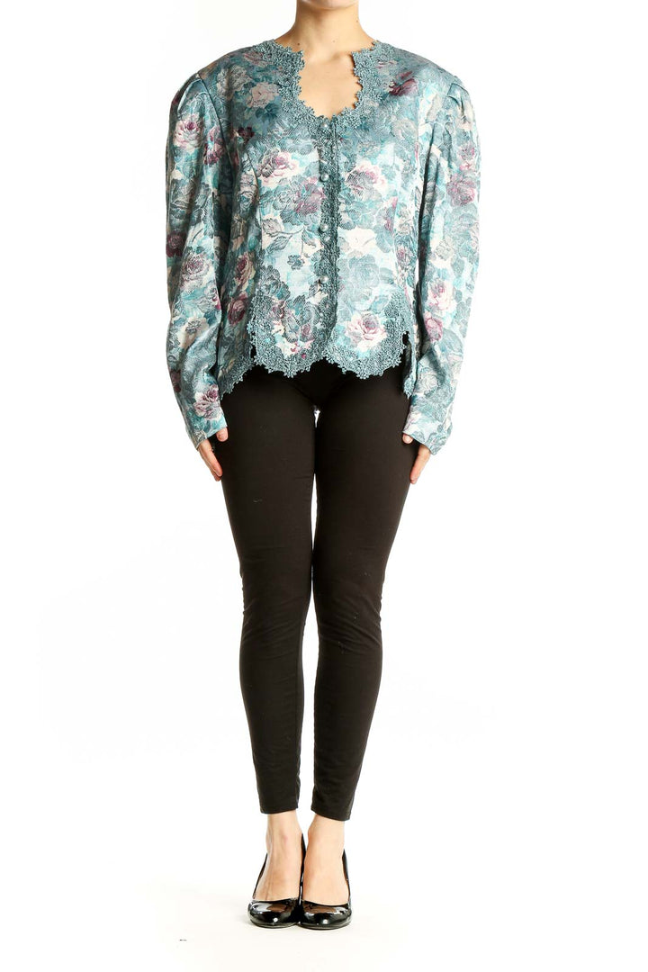 Front view of teal floral lace-trimmed jacket by Nah Nah Collections