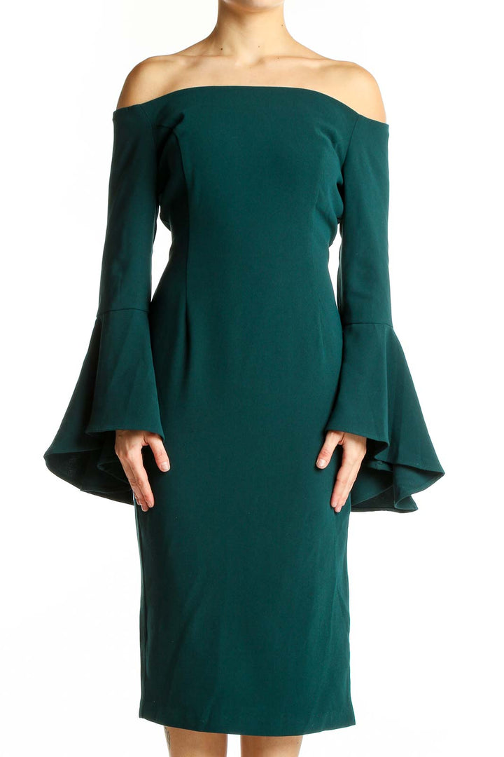 Front view of emerald green off-shoulder midi dress with bell sleeves