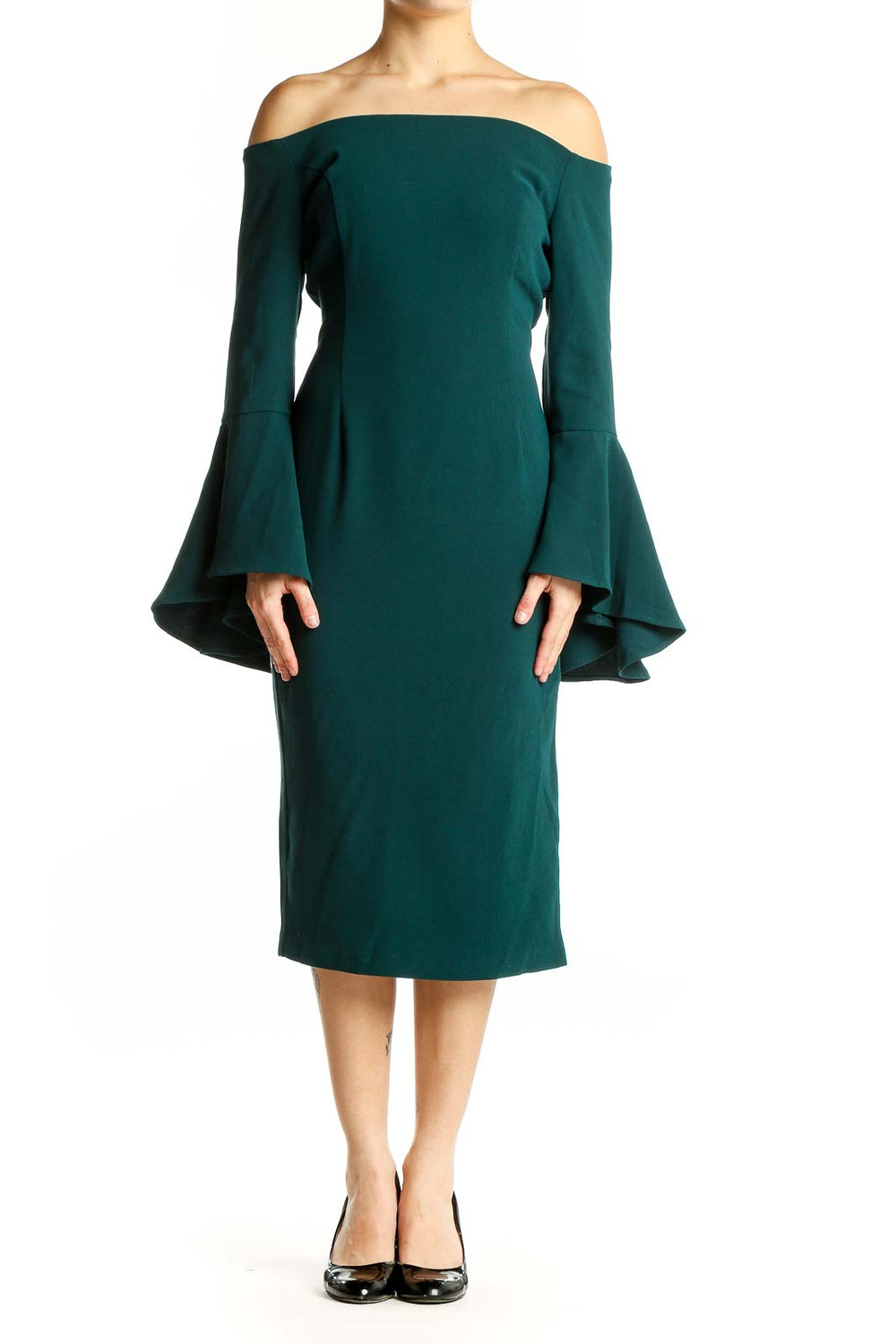 Front view of emerald green off-shoulder midi dress with bell sleeves