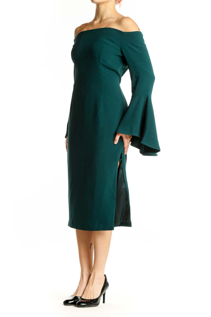 Front view of emerald green off-shoulder midi dress with bell sleeves