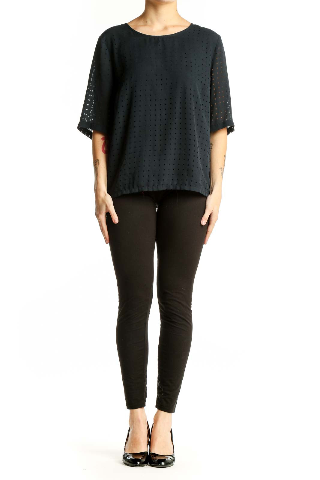 Front view of Banana Republic black perforated boxy blouse with dot pattern