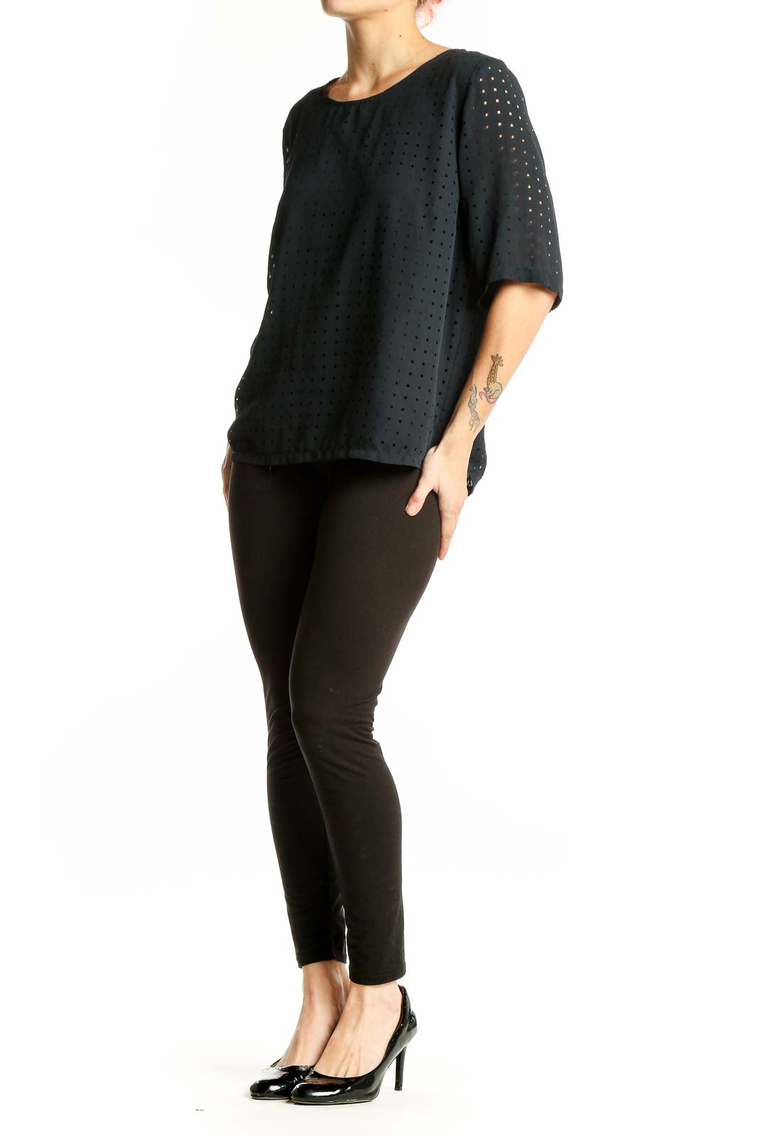 Front view of Banana Republic black perforated boxy blouse with dot pattern