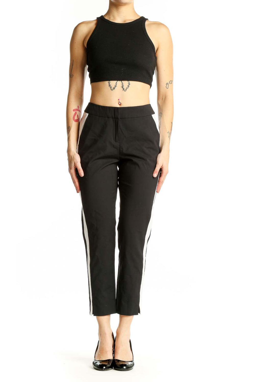 Front view of black cropped trousers with white side stripes