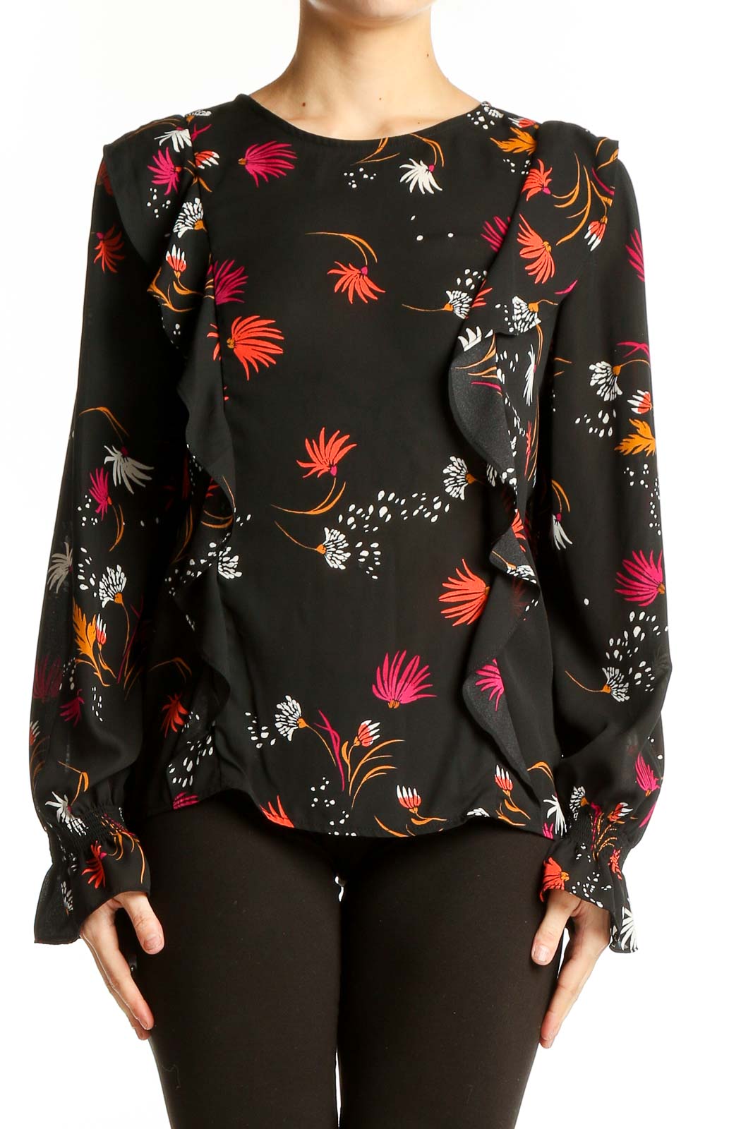 Front view of Aqua black floral print long sleeve blouse