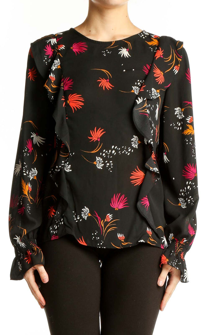 Front view of Aqua black floral print long sleeve blouse