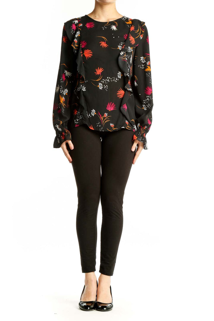 Front view of Aqua black floral print long sleeve blouse