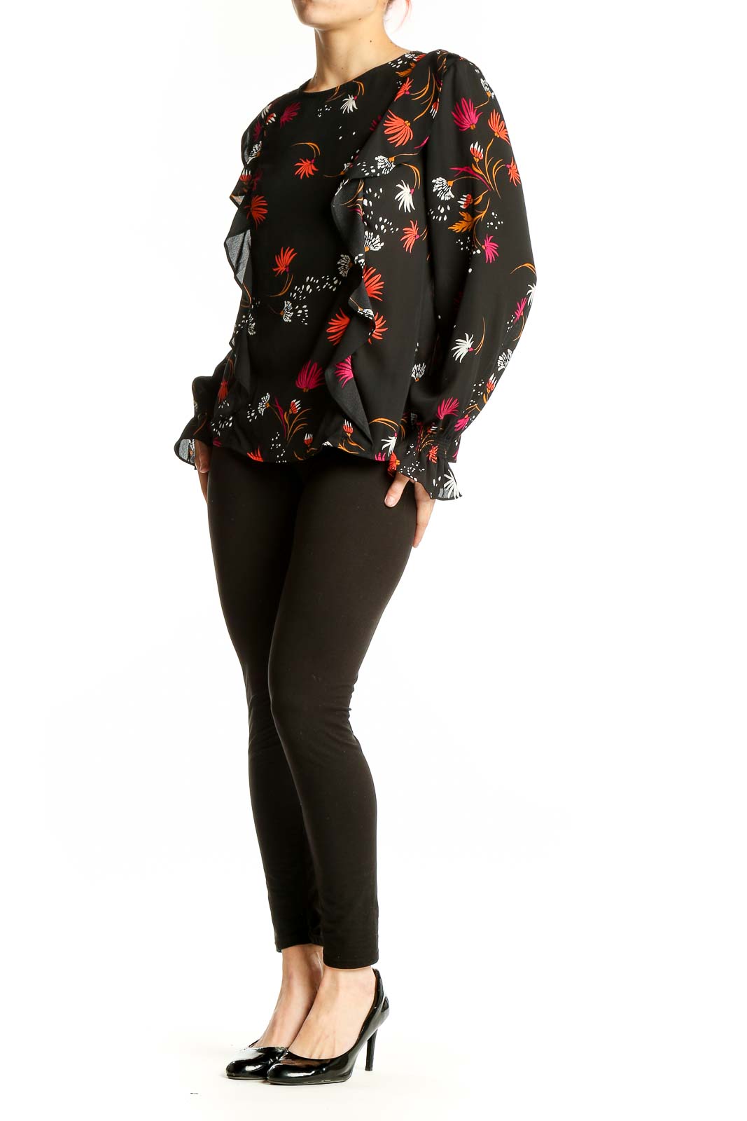 Front view of Aqua black floral print long sleeve blouse