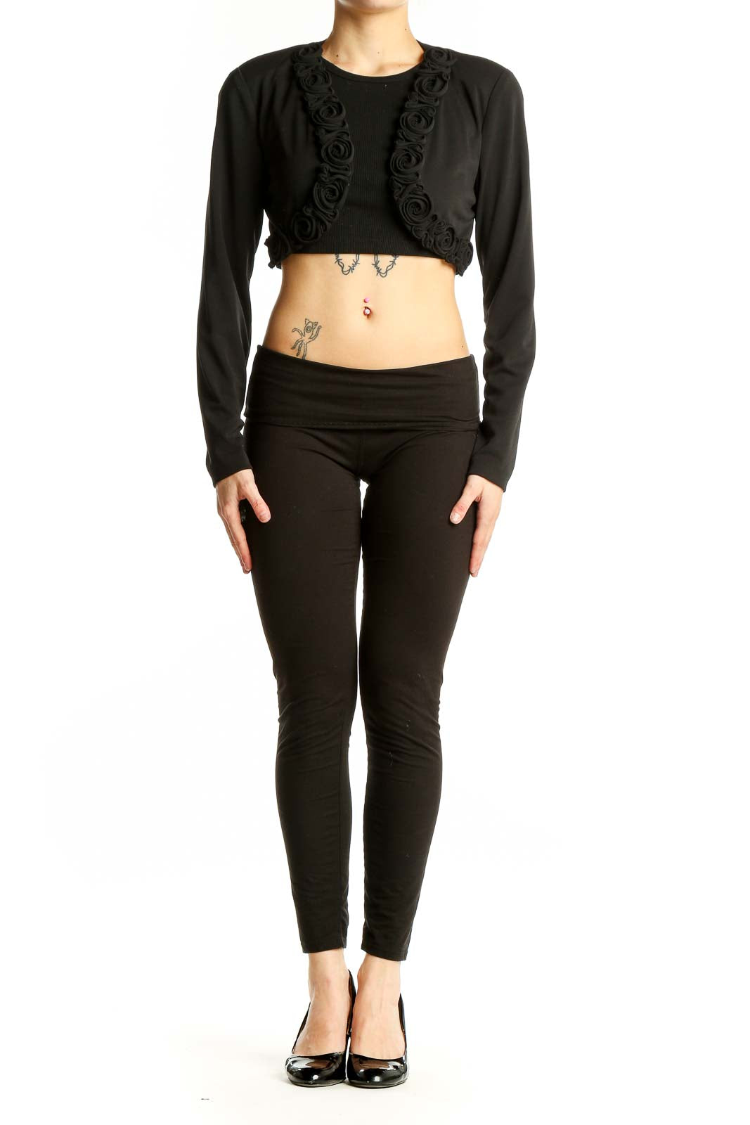 Front view of Niki LIvas Black Floral Embellished Cropped Bolero