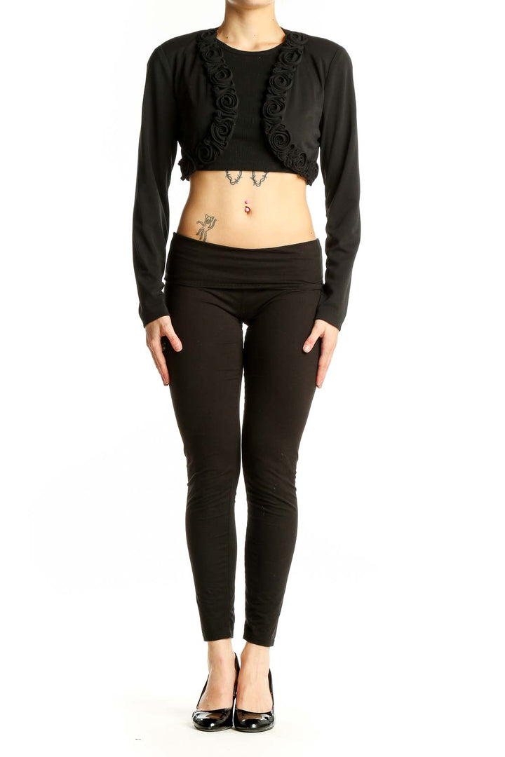 Front view of Niki LIvas Black Floral Embellished Cropped Bolero