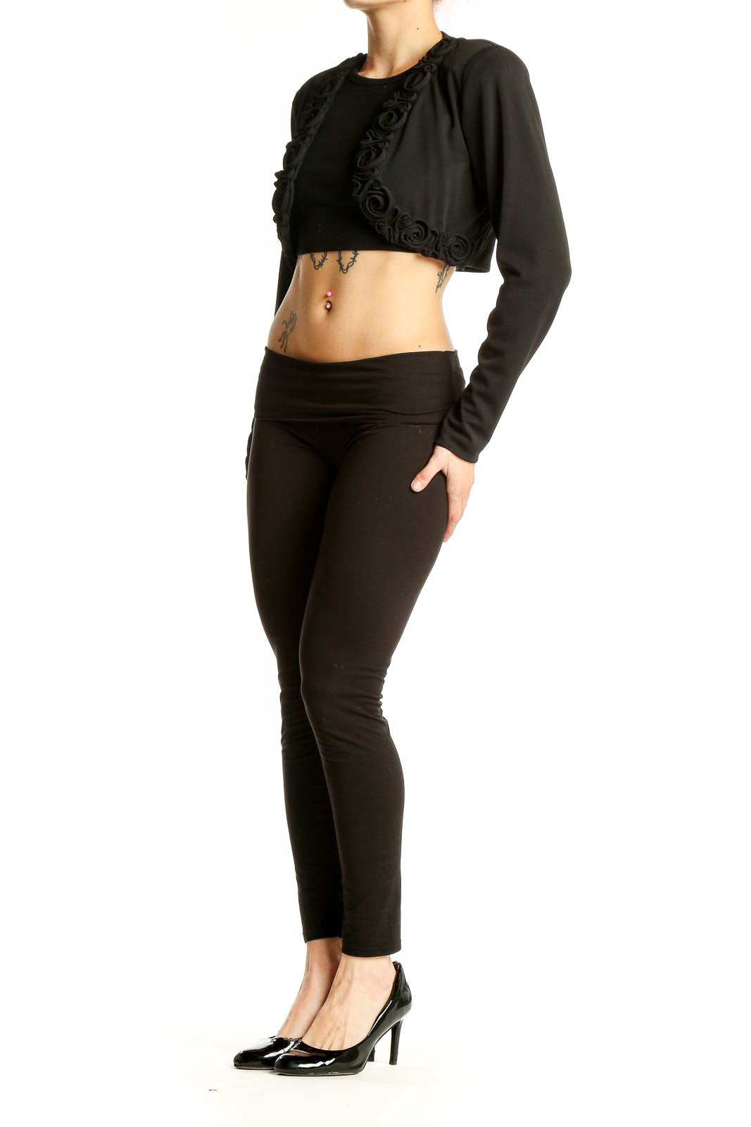 Front view of Niki LIvas Black Floral Embellished Cropped Bolero