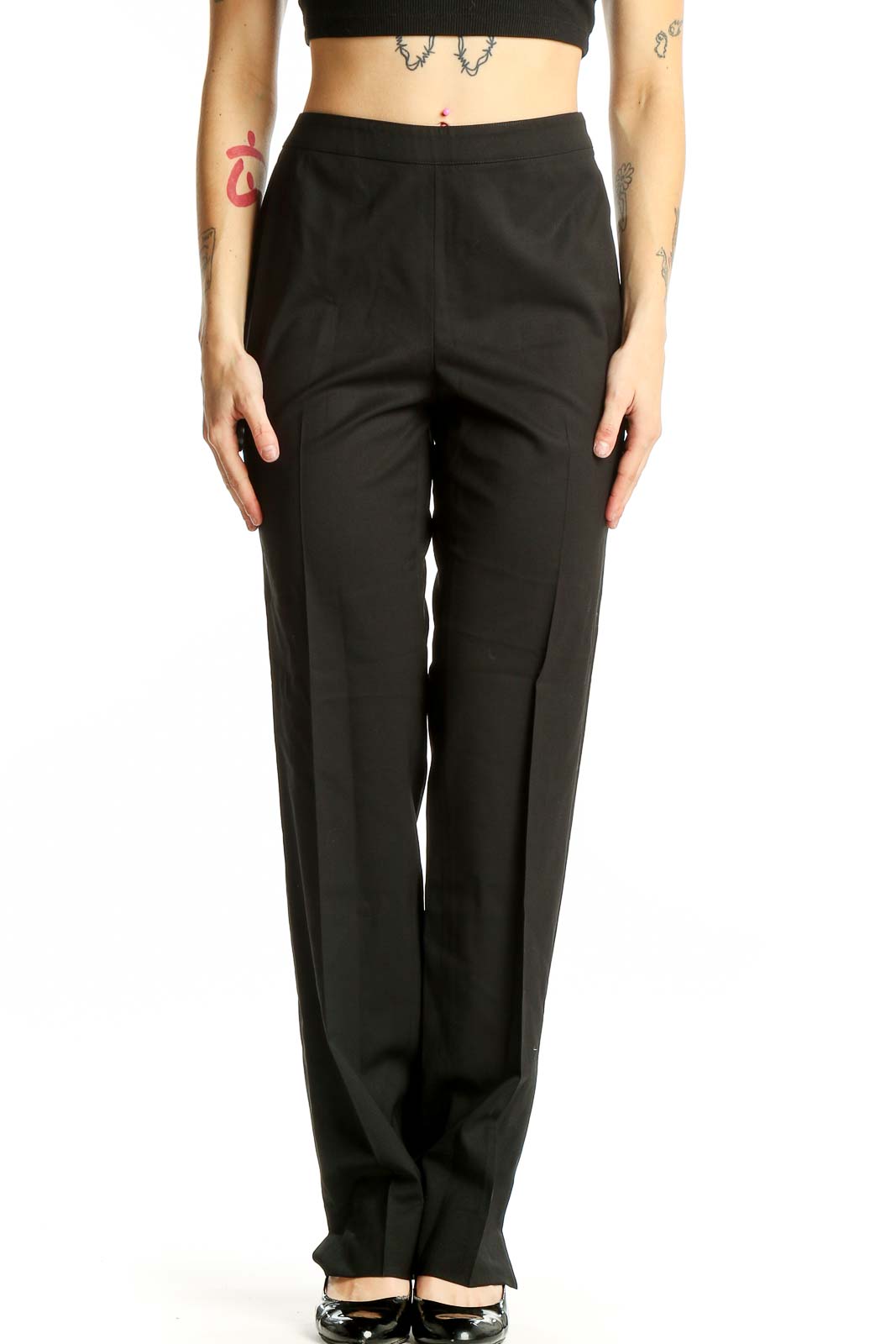 Front view of Lafayette 148 New York black straight-leg trousers