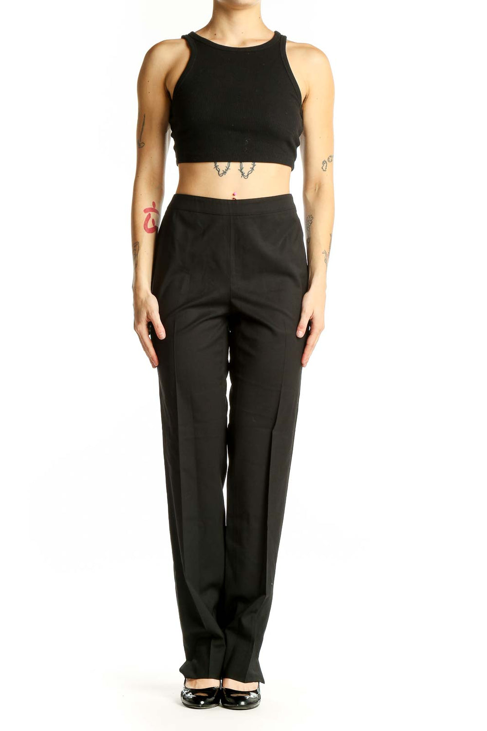 Front view of Lafayette 148 New York black straight-leg trousers