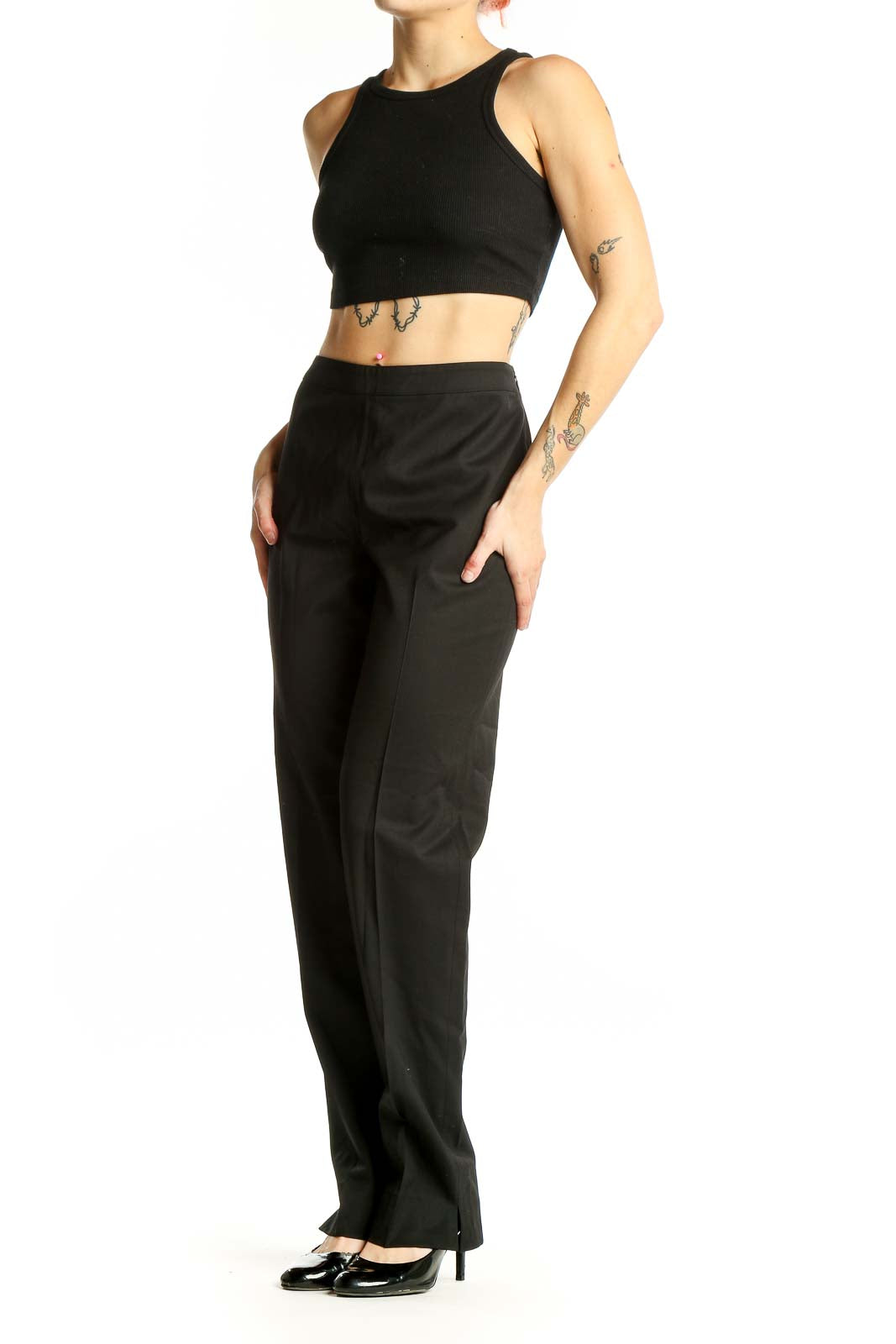 Front view of Lafayette 148 New York black straight-leg trousers