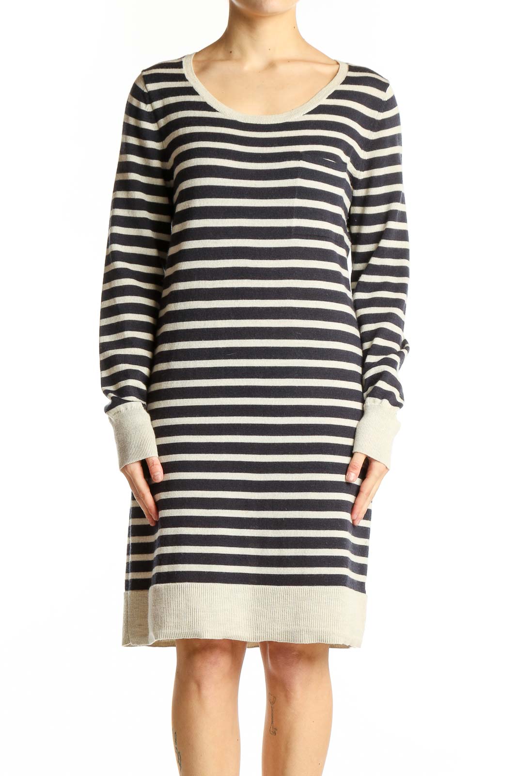 Front view of Gap navy and cream striped knit dress with scoop neck and long sleeves