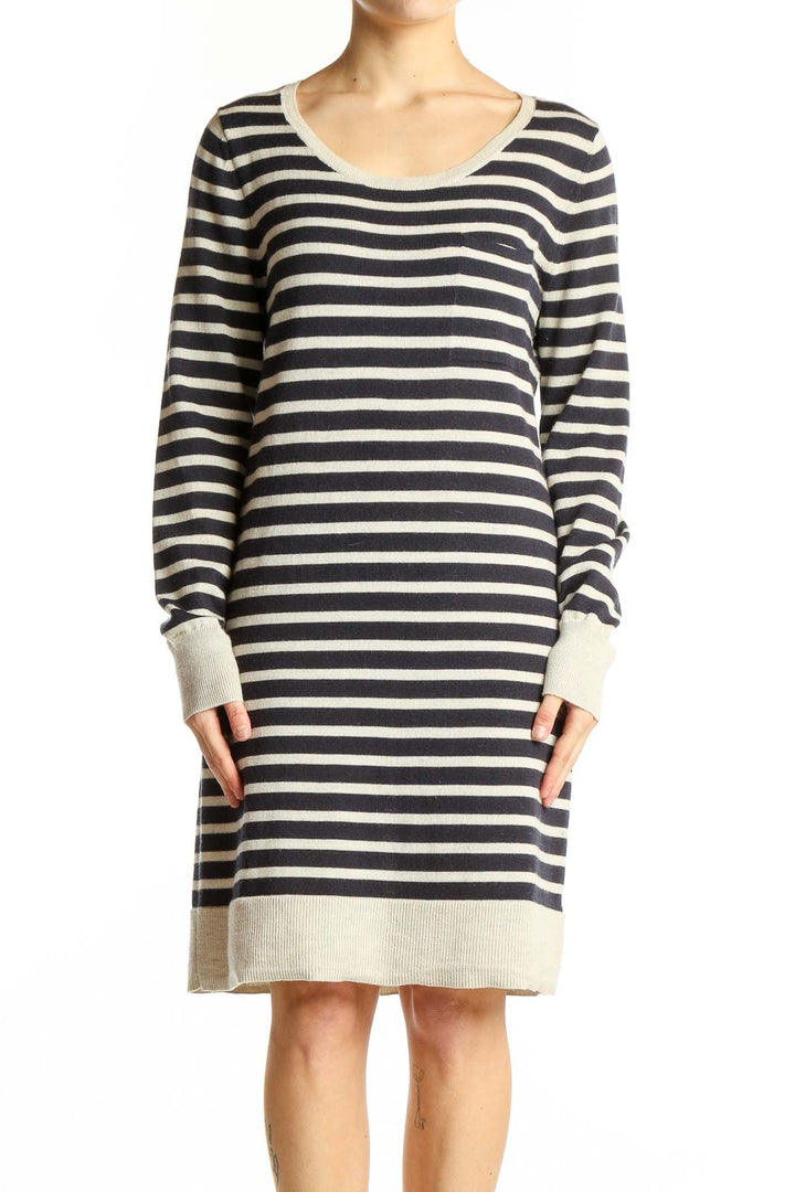 Front view of Gap navy and cream striped knit dress with scoop neck and long sleeves