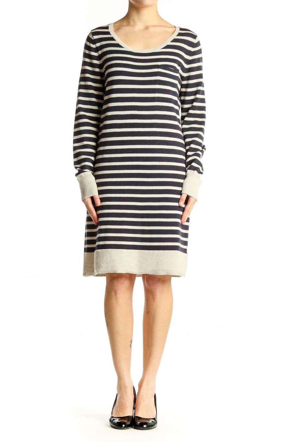 Front view of Gap navy and cream striped knit dress with scoop neck and long sleeves