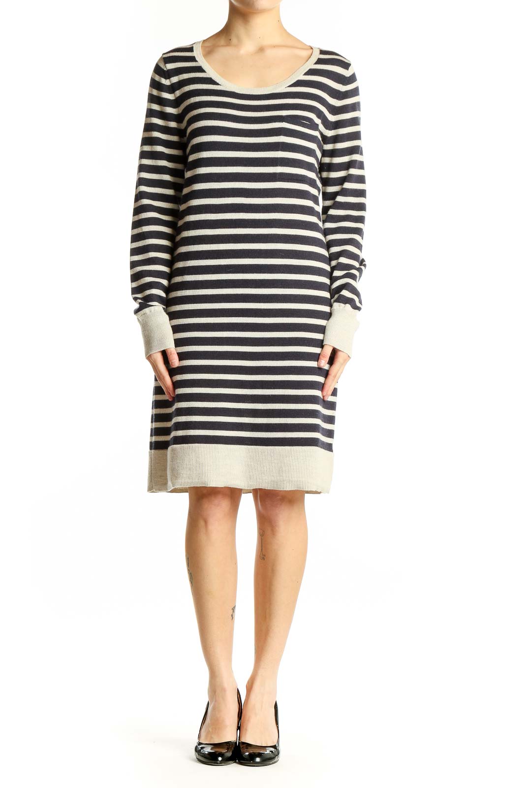Front view of Gap navy and cream striped knit dress with scoop neck and long sleeves