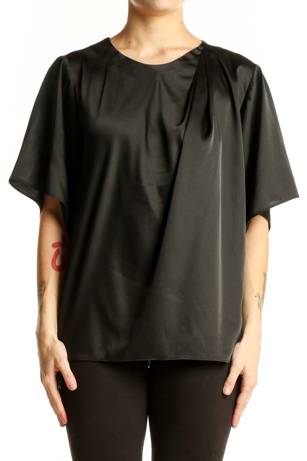 Front view of black Banana Republic blouse with flowy sleeves