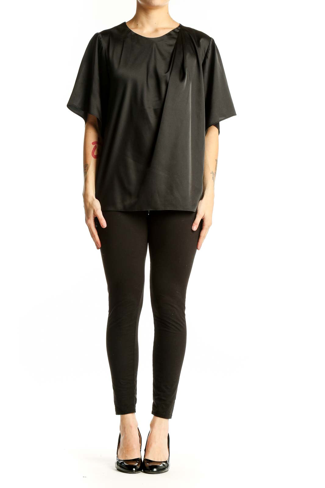 Front view of black Banana Republic blouse with flowy sleeves