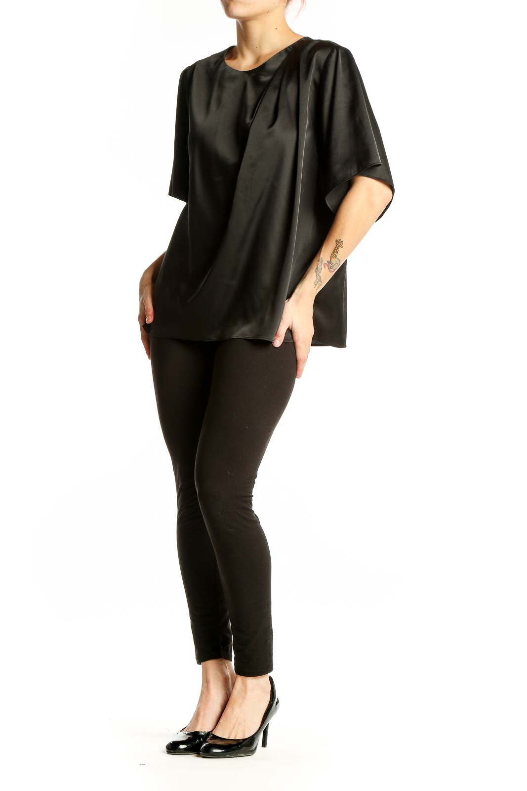 Front view of black Banana Republic blouse with flowy sleeves