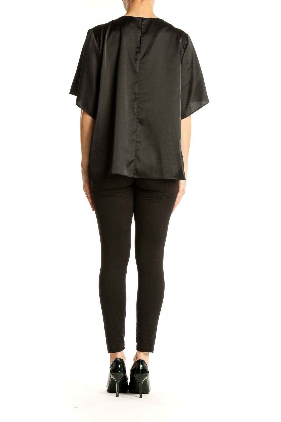 Back view of black Banana Republic blouse showing relaxed fit