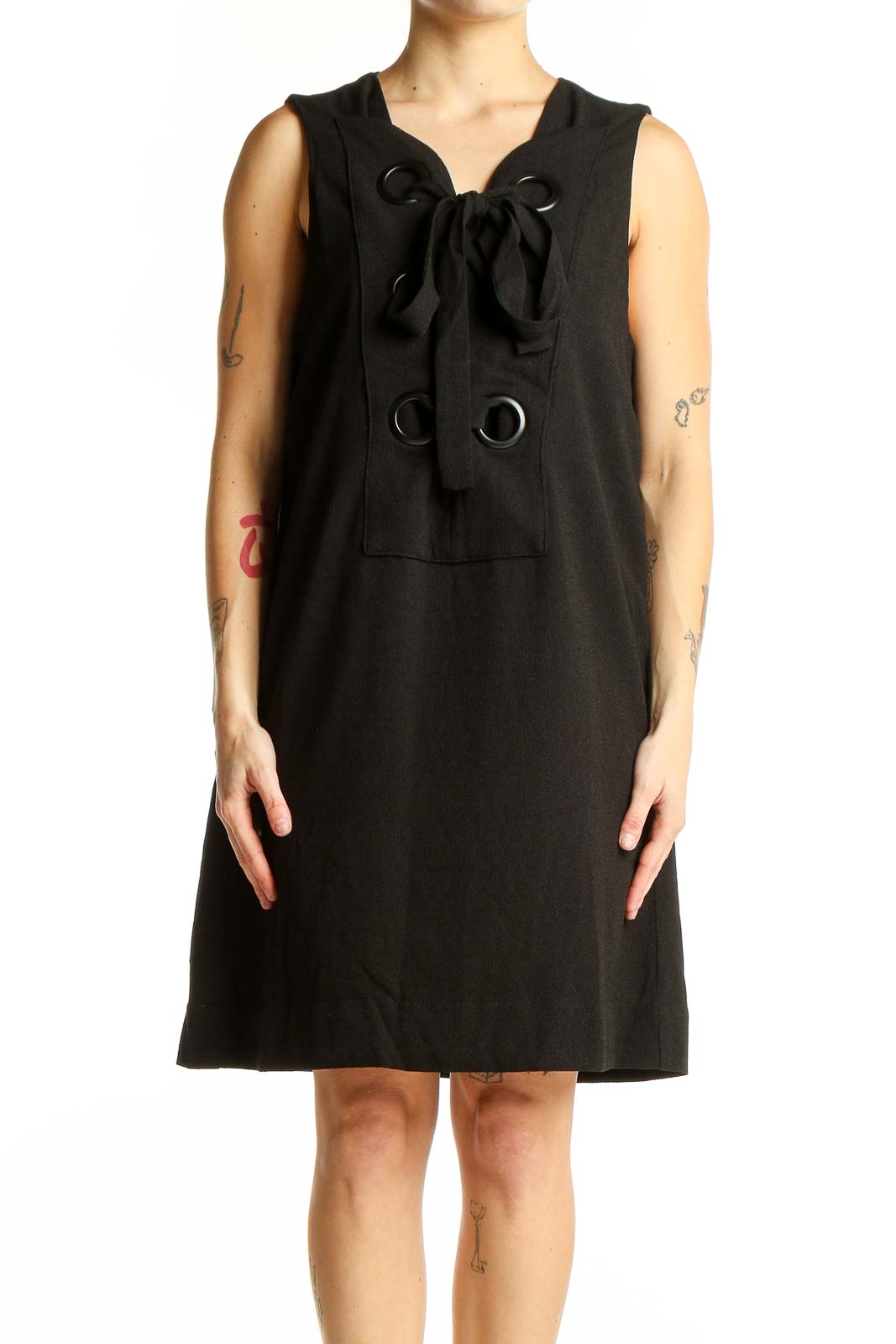 Front view of English Factory black sleeveless shift dress with bow-tie neckline