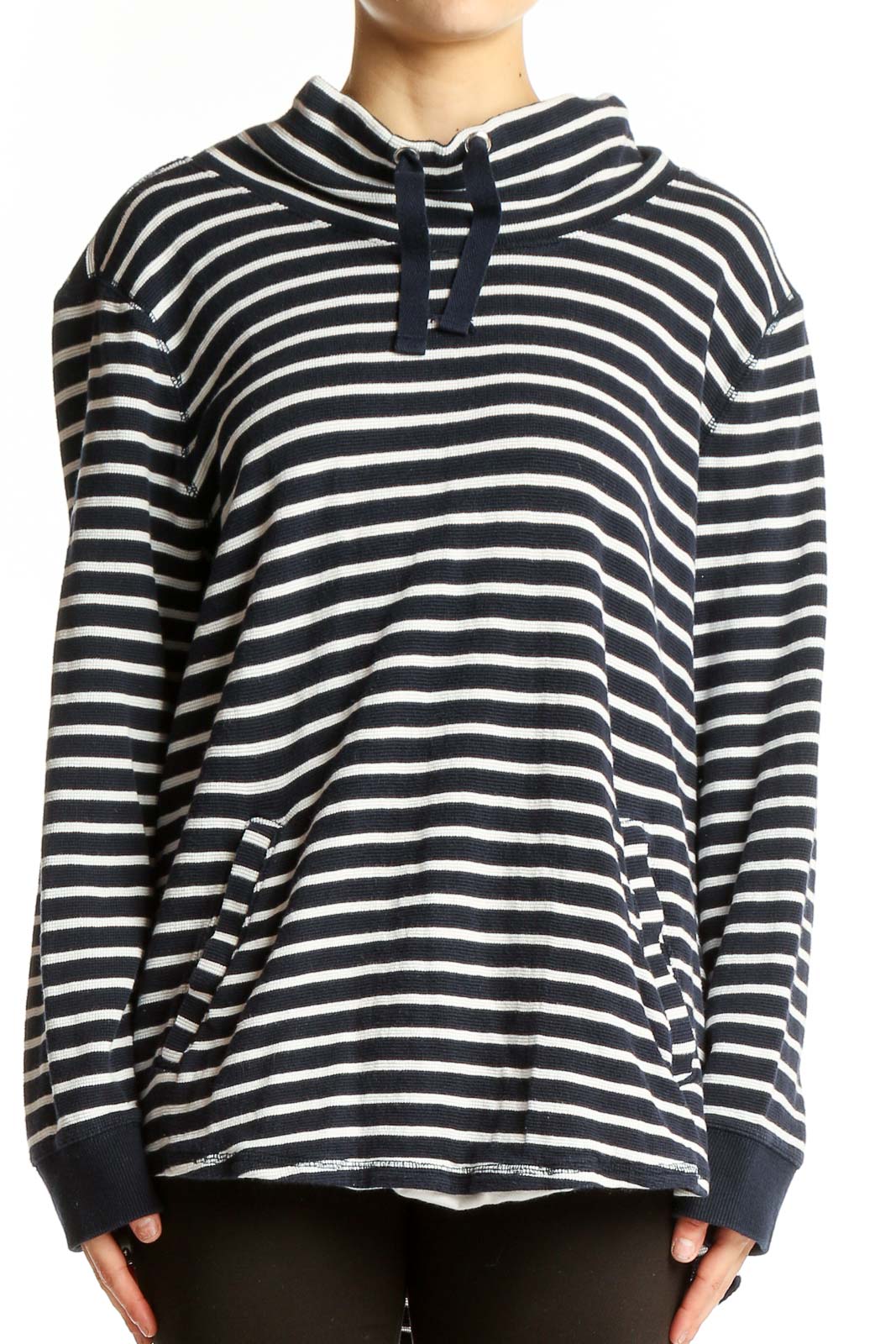 Front view of J.Crew navy and white striped cotton knit sweater with cowl neck