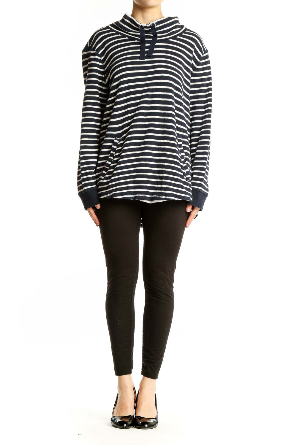Front view of J.Crew navy and white striped cotton knit sweater with cowl neck