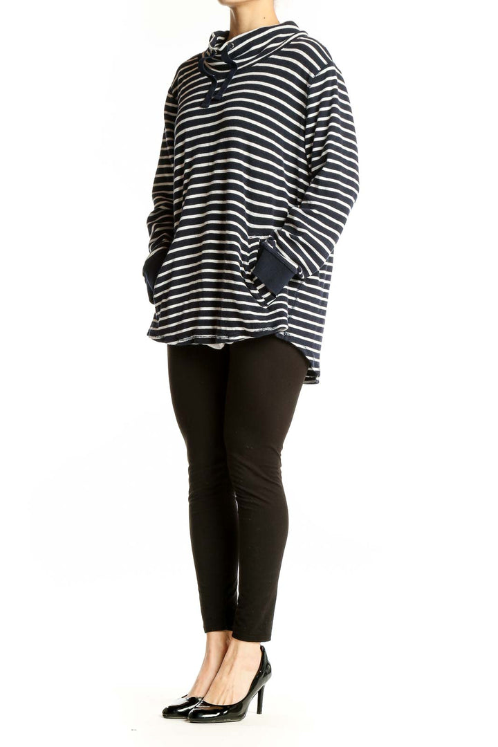 Front view of J.Crew navy and white striped cotton knit sweater with cowl neck