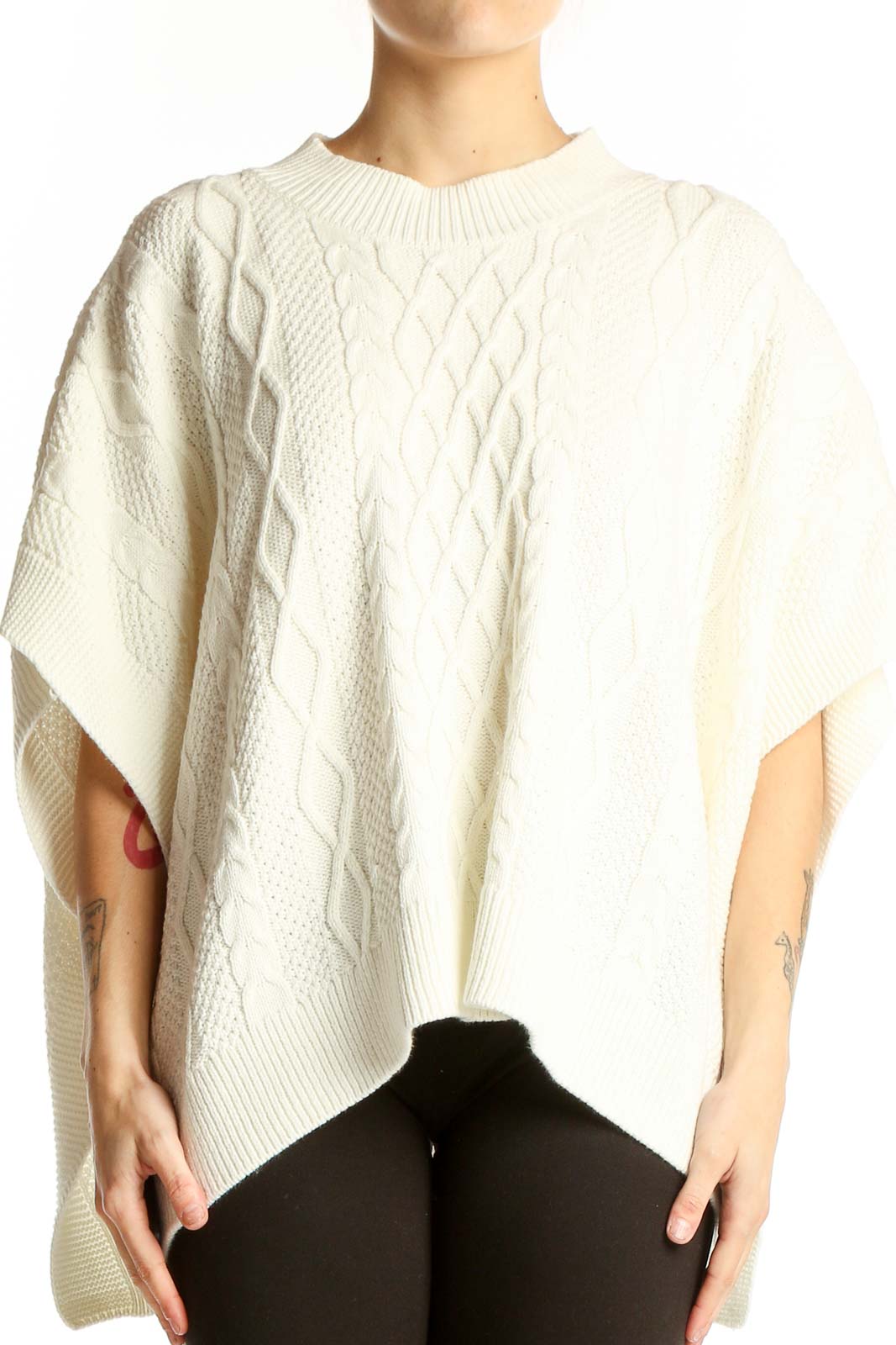 Front view of cream cable knit poncho sweater from J.Crew