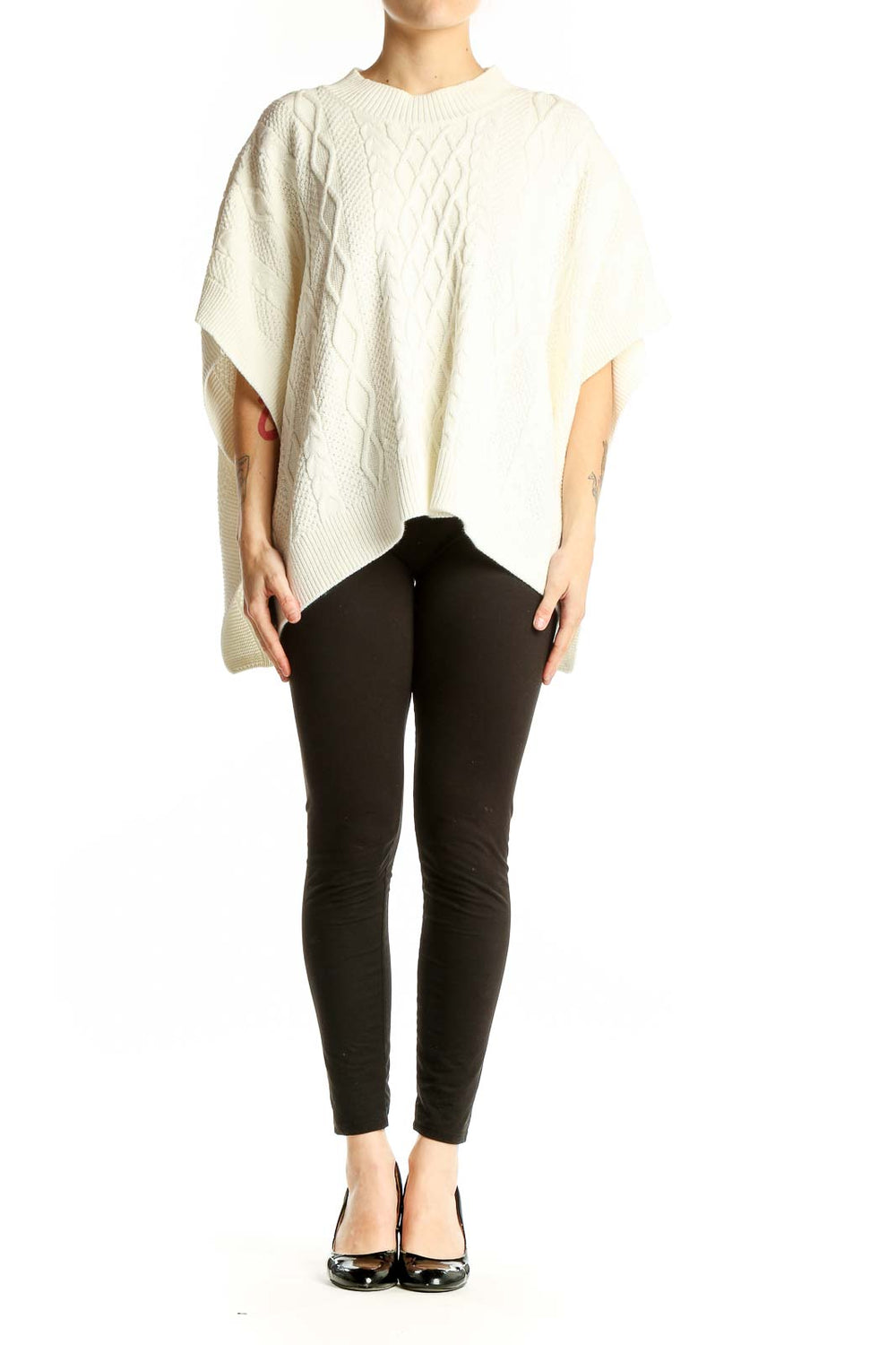 Front view of cream cable knit poncho sweater from J.Crew