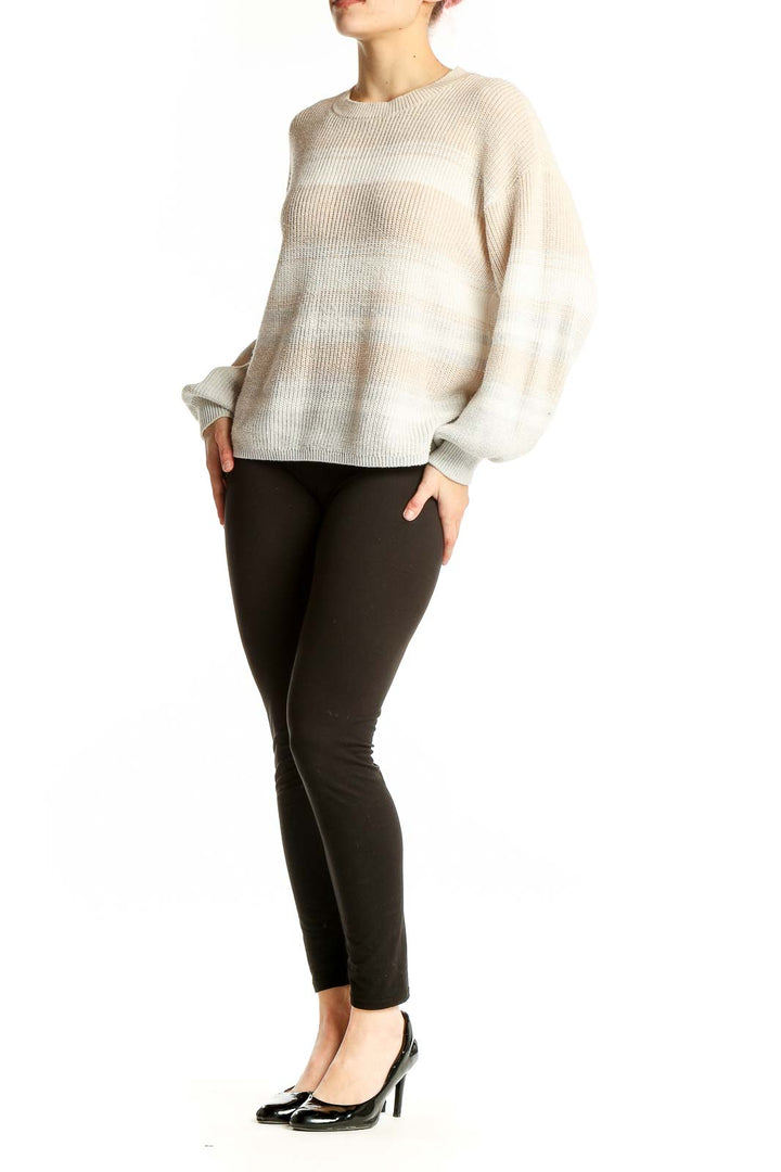 Front view of Gentle Fawn beige striped balloon sleeve sweater
