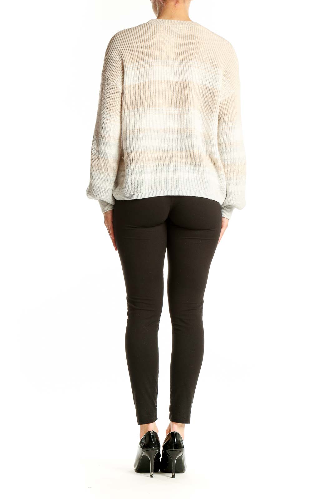 Side view of Gentle Fawn beige striped balloon sleeve sweater on model