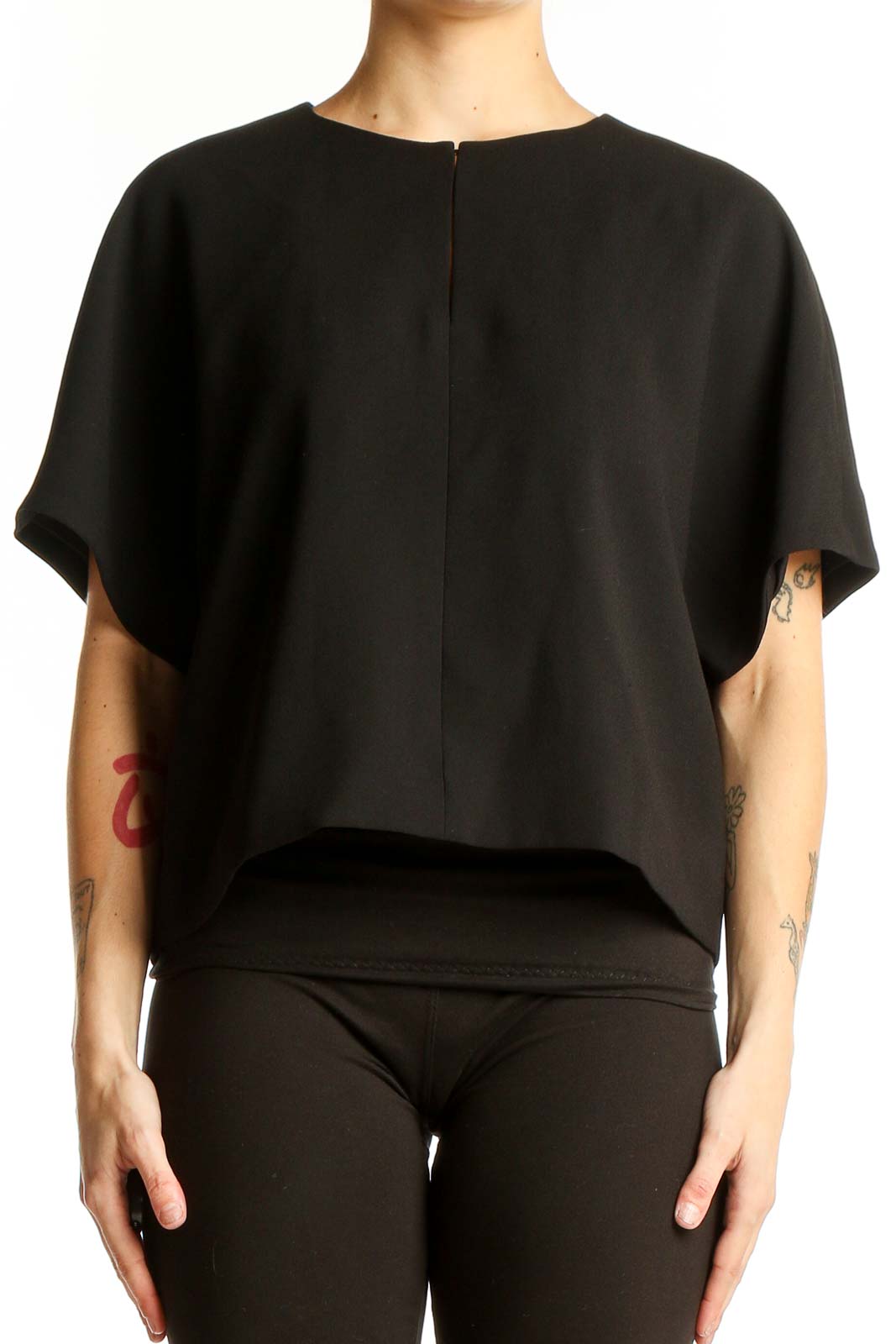 Front view of J.Crew black polyester oversized crop top with kimono sleeves