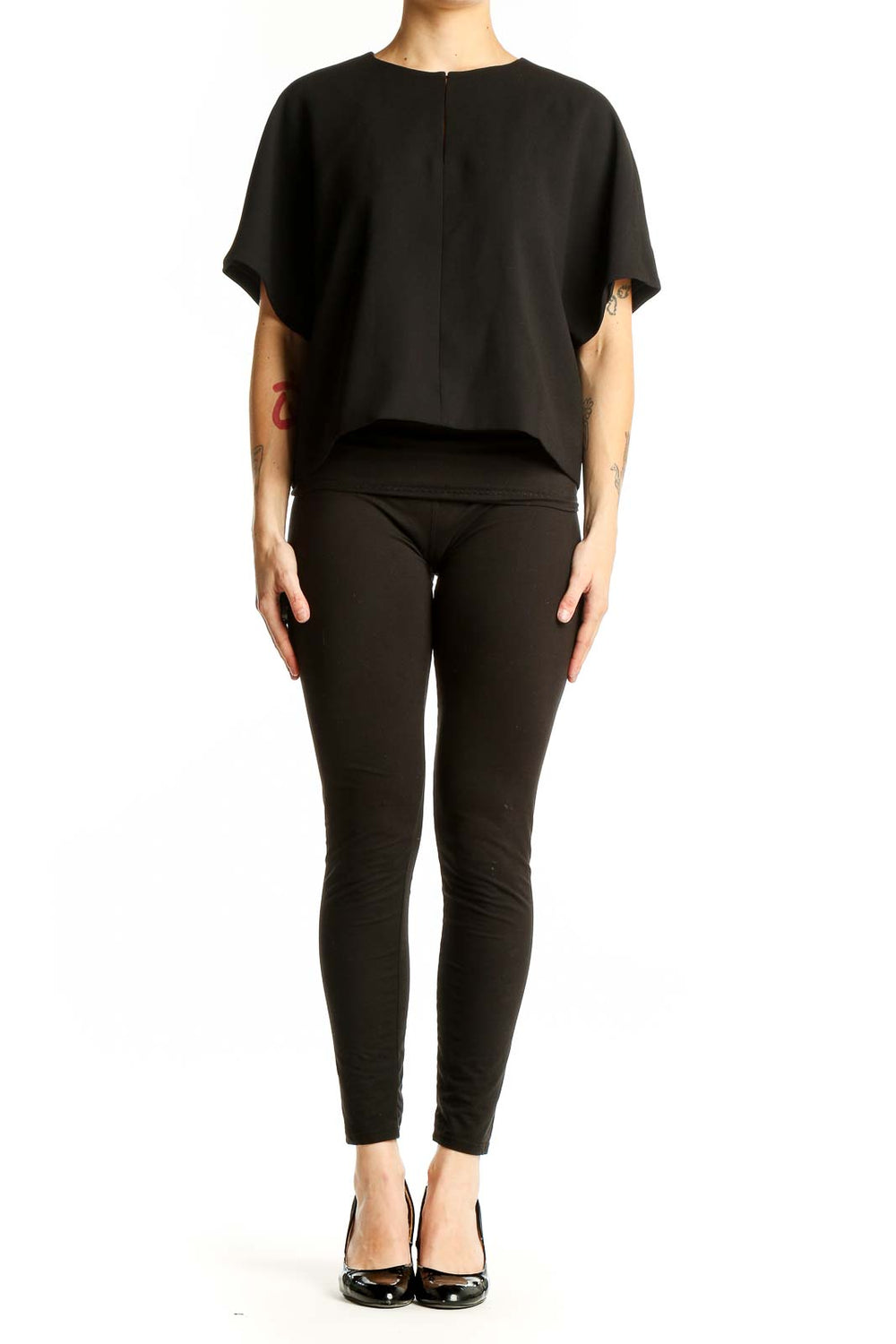 Front view of J.Crew black polyester oversized crop top with kimono sleeves