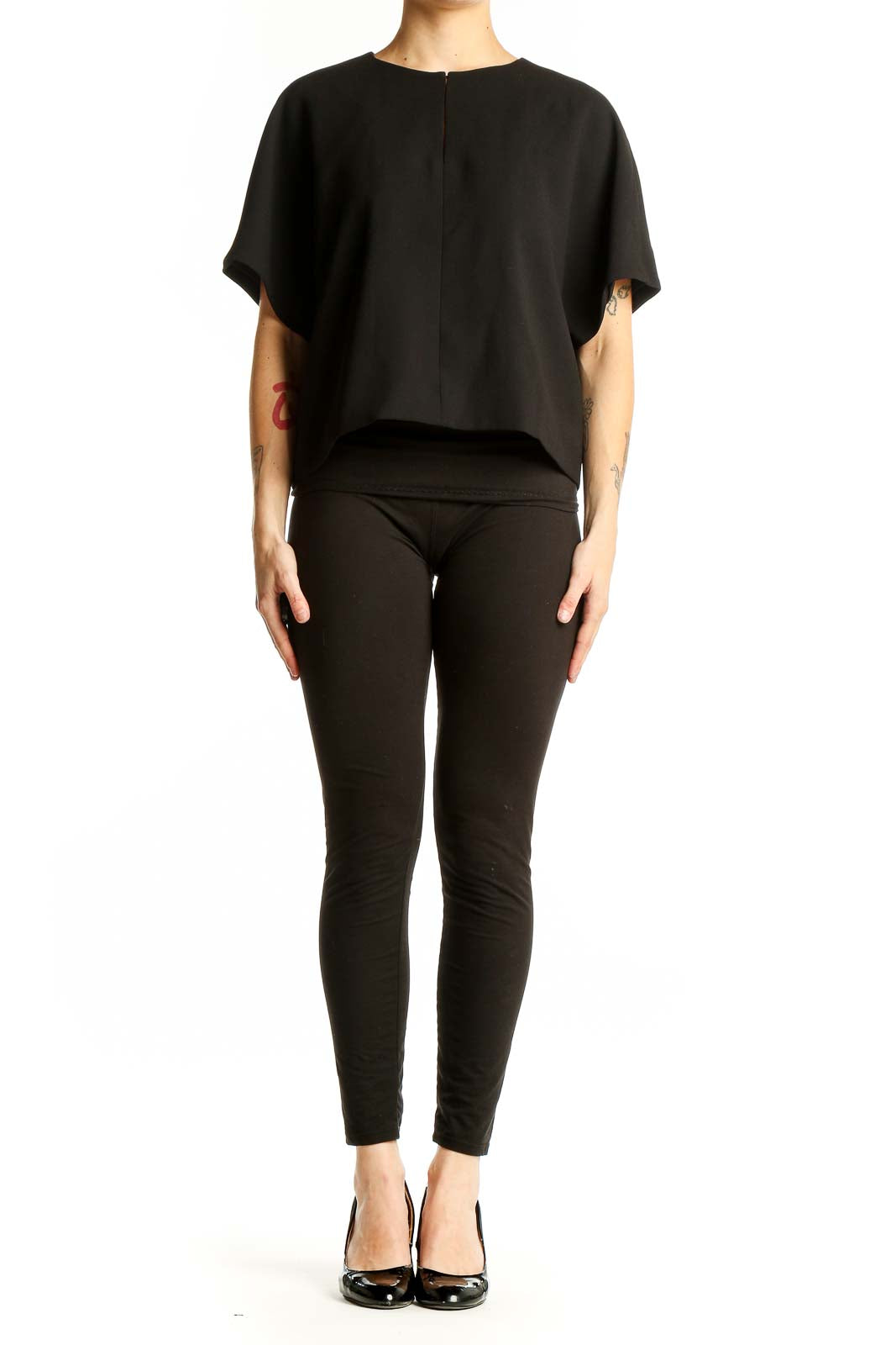 Front view of J.Crew black polyester oversized crop top with kimono sleeves