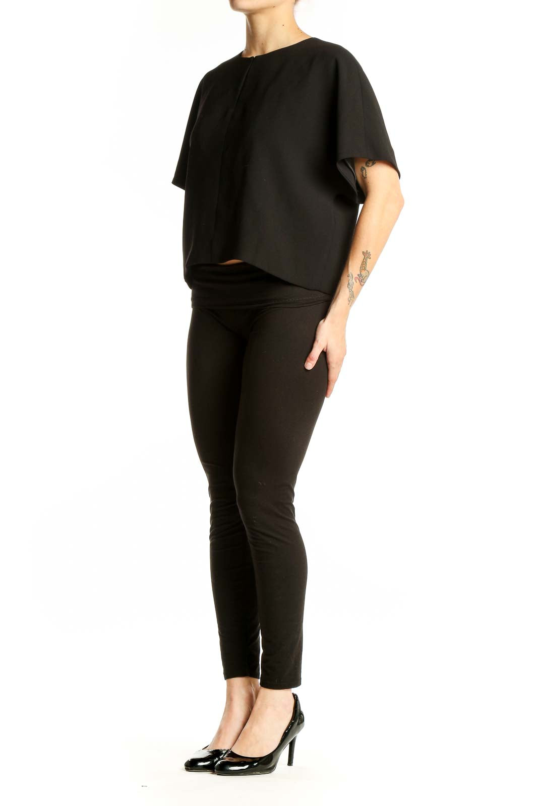 Front view of J.Crew black polyester oversized crop top with kimono sleeves