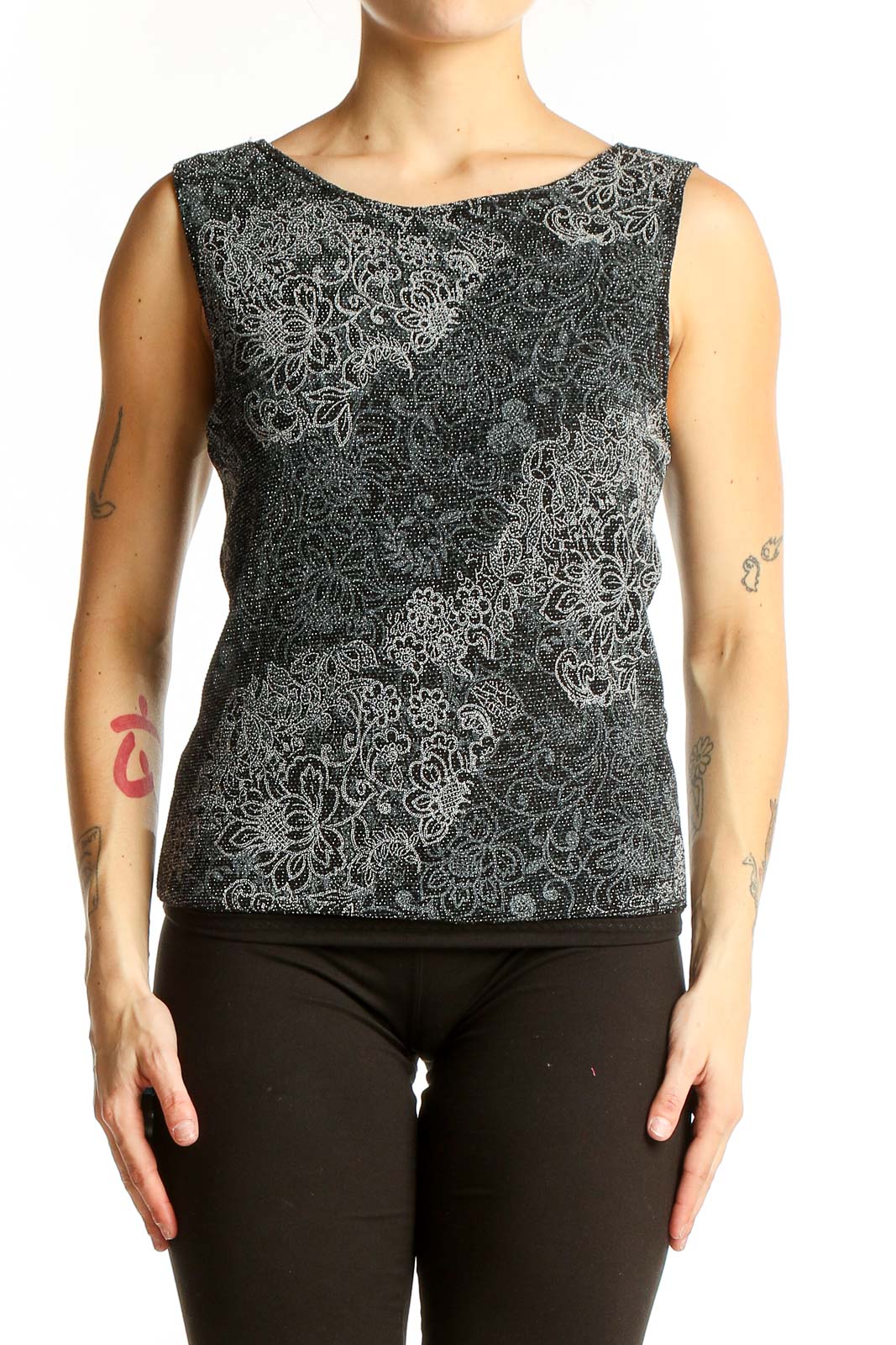 Front view of Heartsoul Black Sleeveless Top with Silver Floral Lurex Pattern