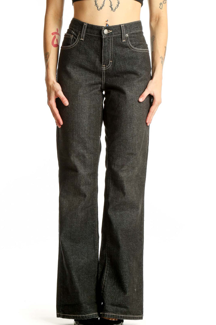 Front view of Calvin Klein Jeans dark gray wide-leg denim jeans