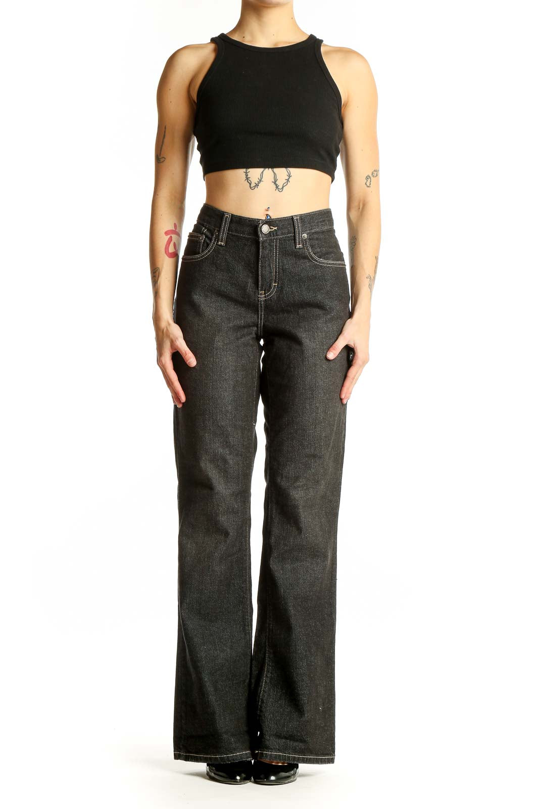 Front view of Calvin Klein Jeans dark gray wide-leg denim jeans