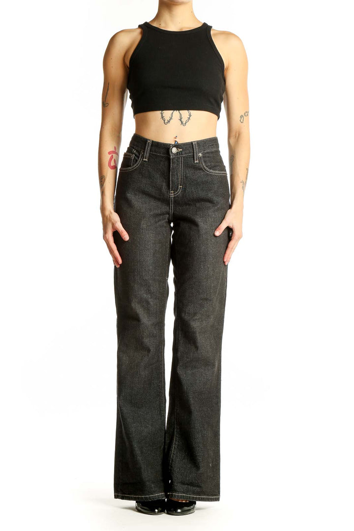 Front view of Calvin Klein Jeans dark gray wide-leg denim jeans
