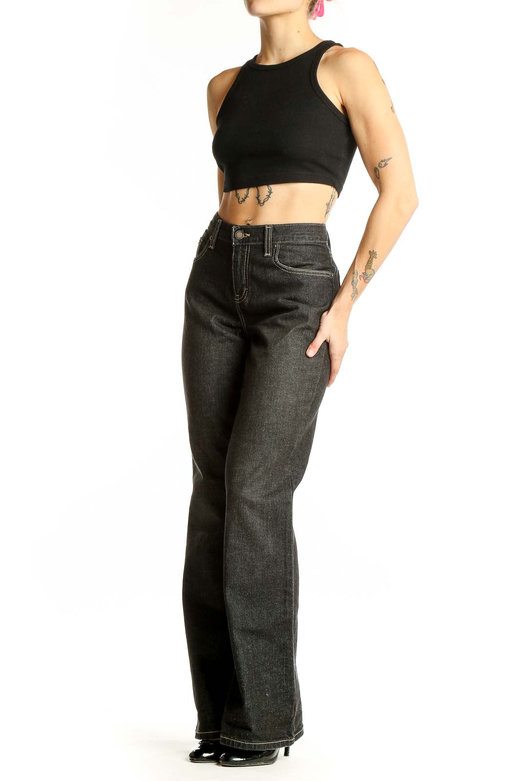Front view of Calvin Klein Jeans dark gray wide-leg denim jeans