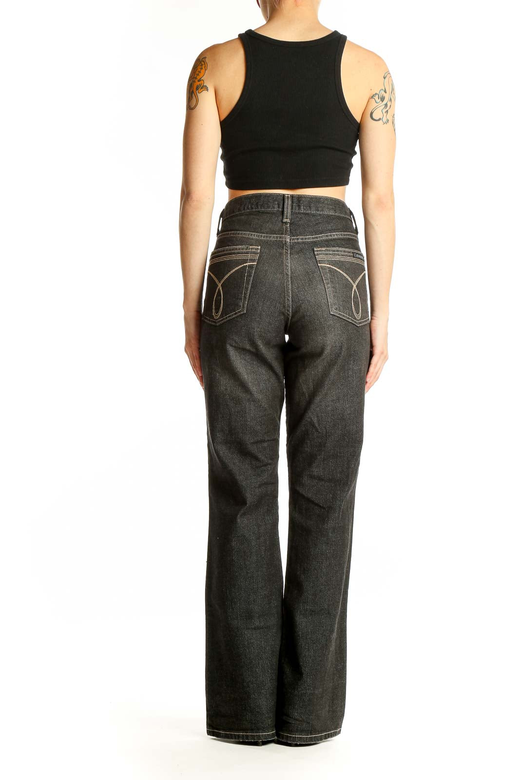Back view of Calvin Klein Jeans dark gray wide-leg denim jeans on model