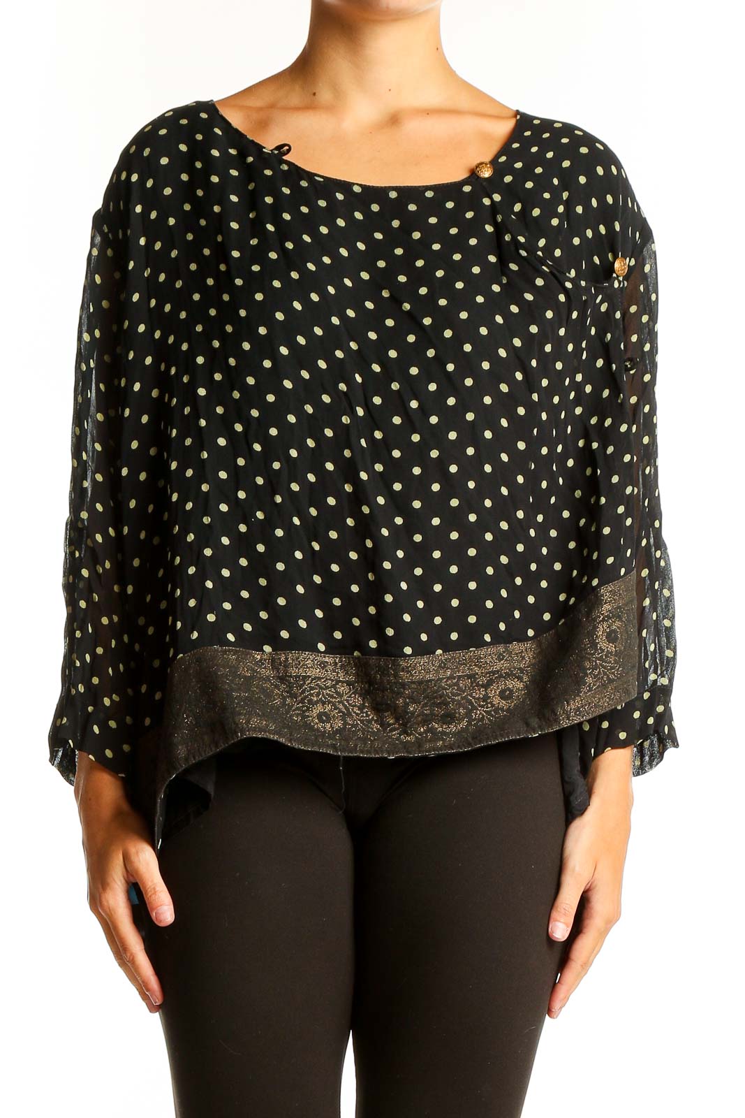 Front view of April Cornell black rayon blouse with yellow polka dots and gold paisley border