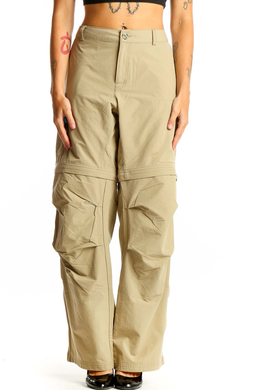 Front view of khaki convertible cargo pants with multiple pockets
