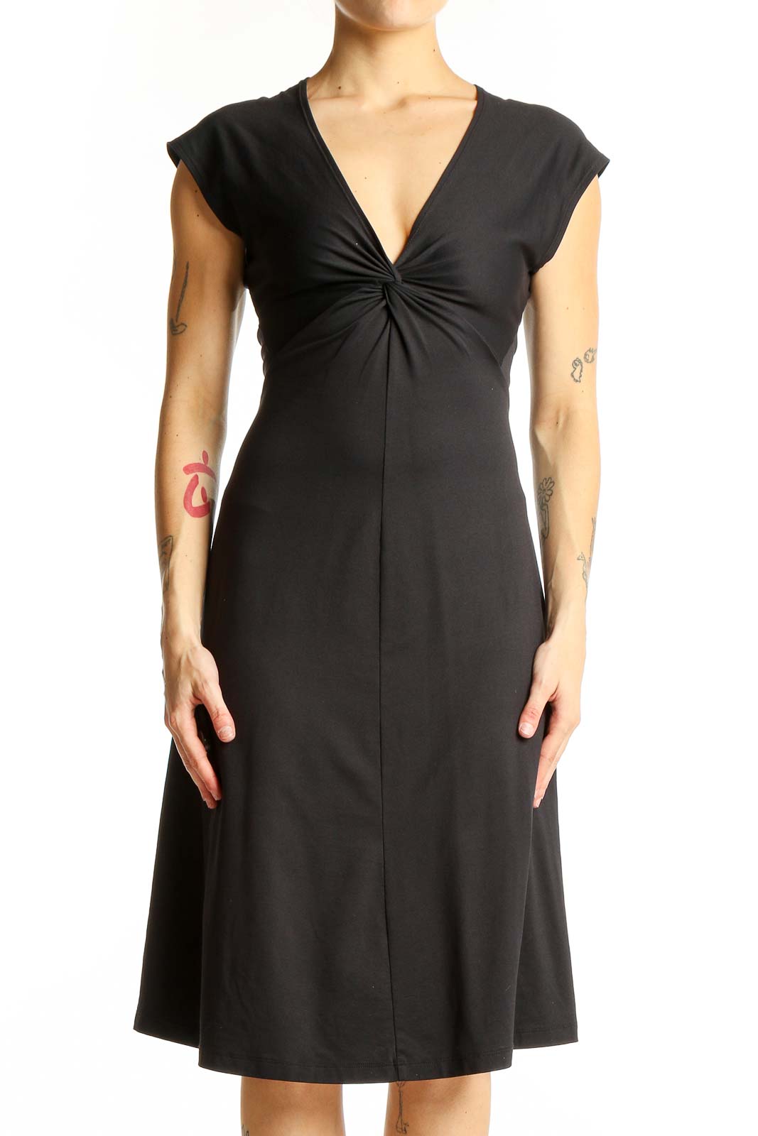 Front view of black Patagonia V-neck midi dress with twist-front detail